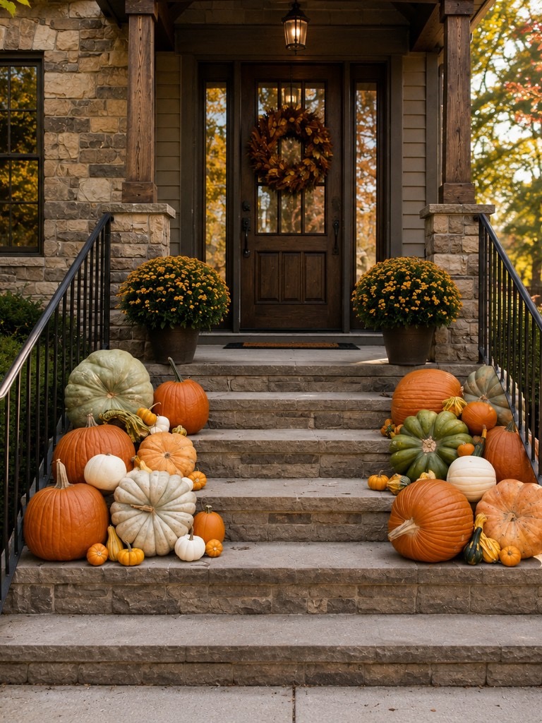 The Essential — pumpkins styled on either side of stone steps leading to a dark wood door