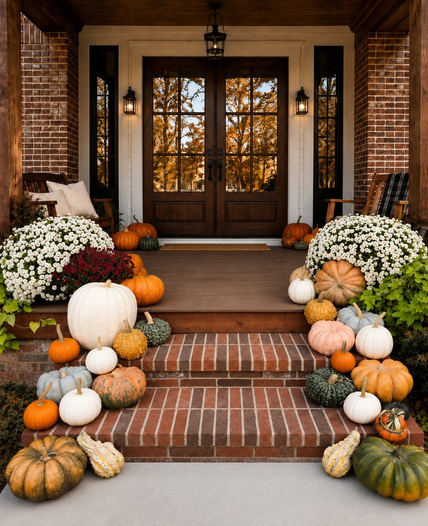 The Signature — heirloom pumpkins and white mums on a brick porch with dark wood doors